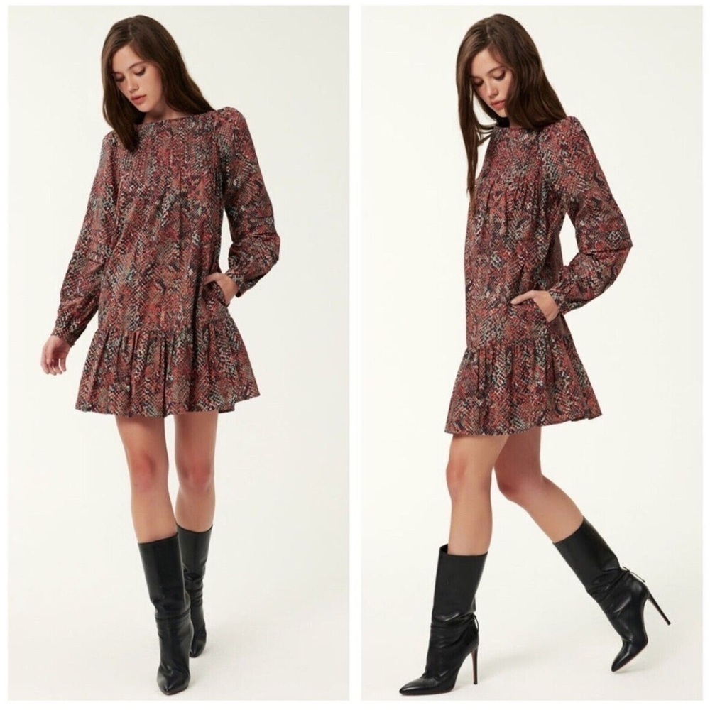 Nicholas Devan Gathered Snake-Print Crepe Long Sleeve Tie Back Mini Dress 12
